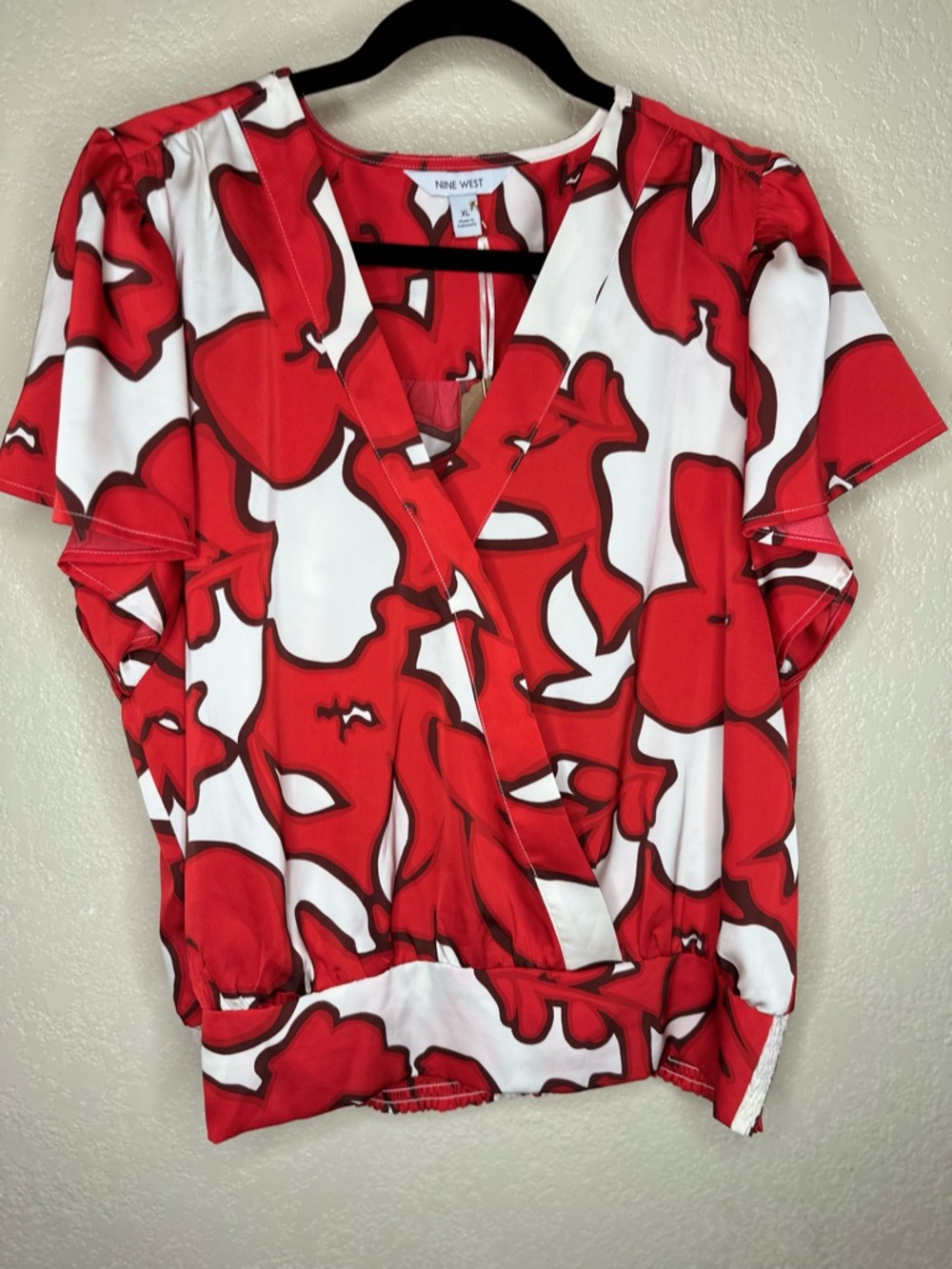 Nine West Red & White Floral Wrap-Style Blouse